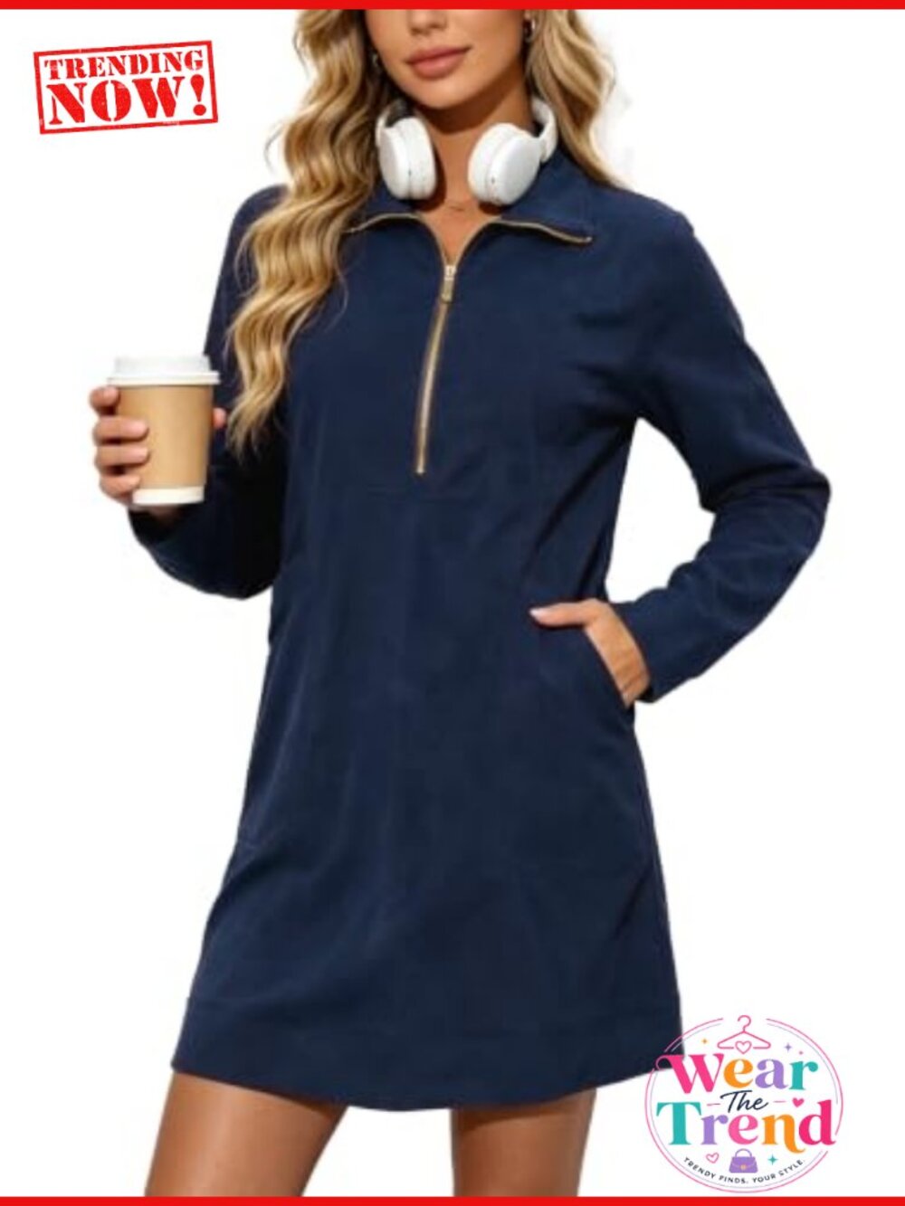 Corduroy Half Zip Long Sleeve Short Tunic Dress Side Slits Pockets